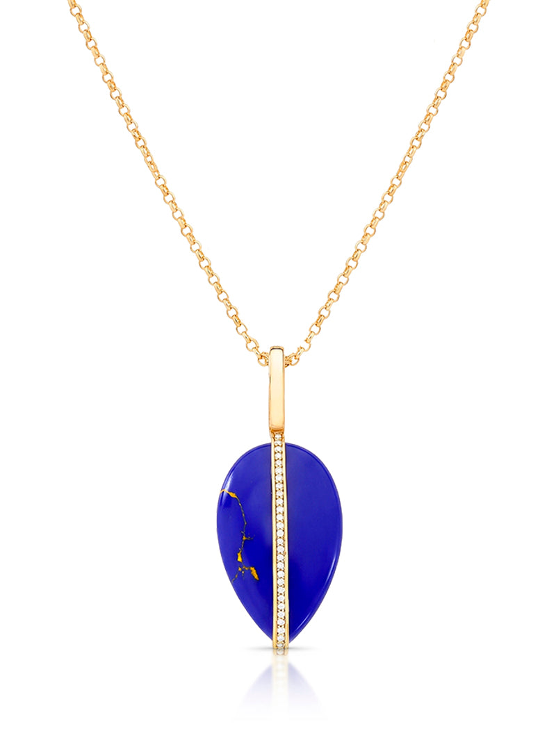 Colar Pingente Gota Detalhe Cravejado Banho Ouro 18k Zircônia Lápis-Lazúli