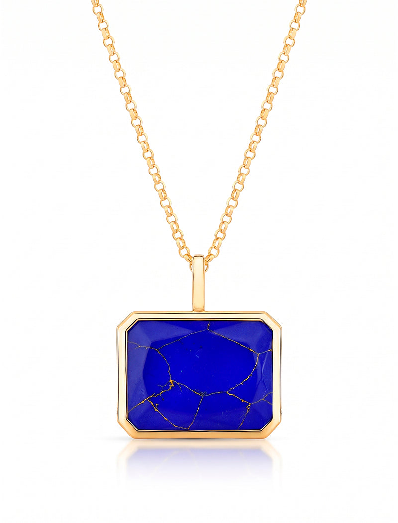 Colar Pingente Retângulo Pedra Banho Ouro 18k Lápis-Lazúli