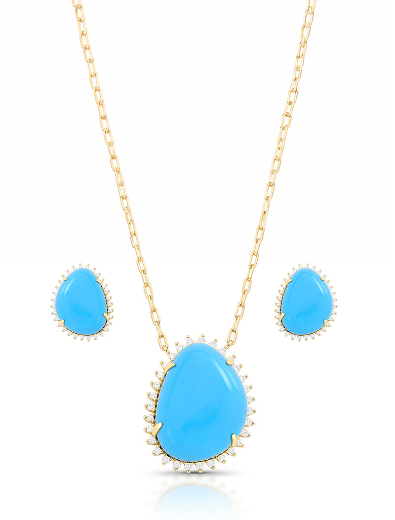 Conjunto Pedra Gota Lateral Cravejado Banho Ouro 18k Howlita Zircônia