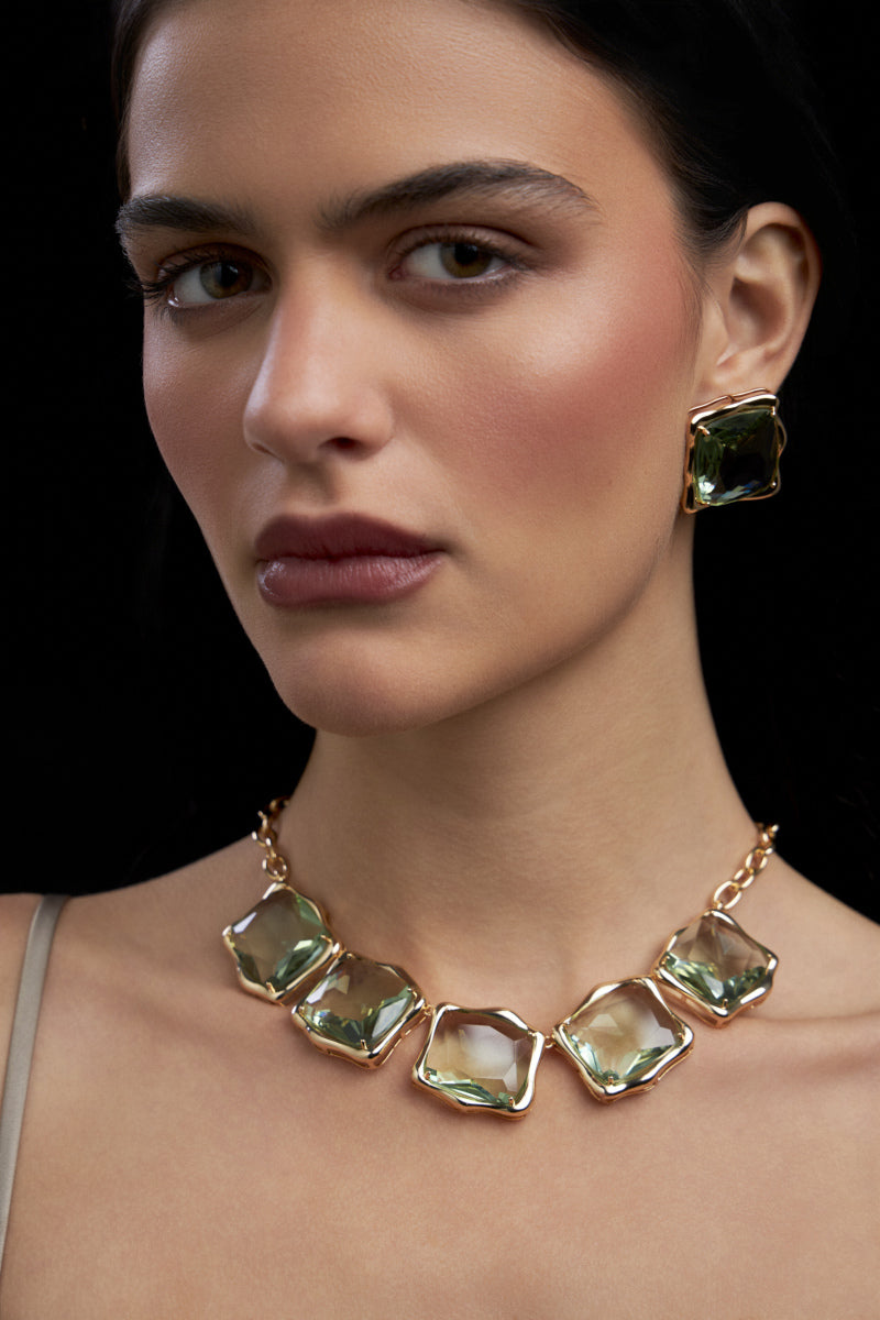 Conjunto Geométrico Orgânico Banho Ouro 18k Cristais