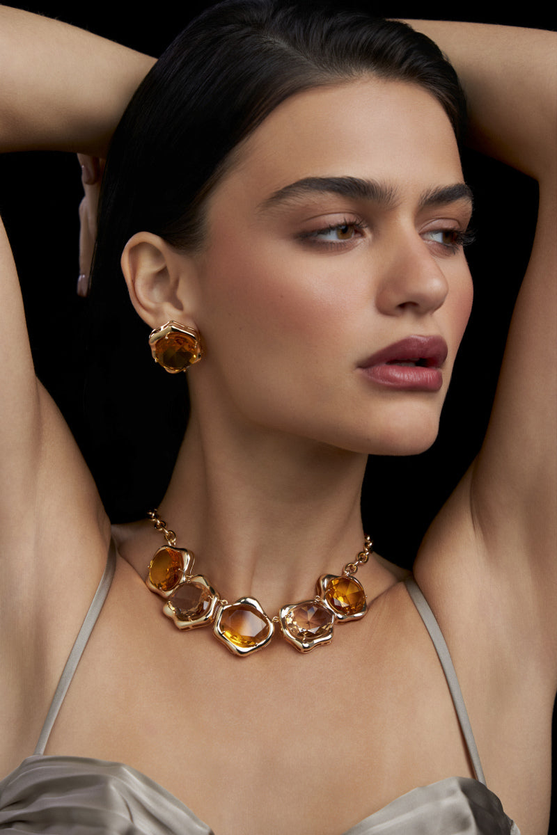 Conjunto Geométrico Orgânico Banho Ouro 18k Cristais