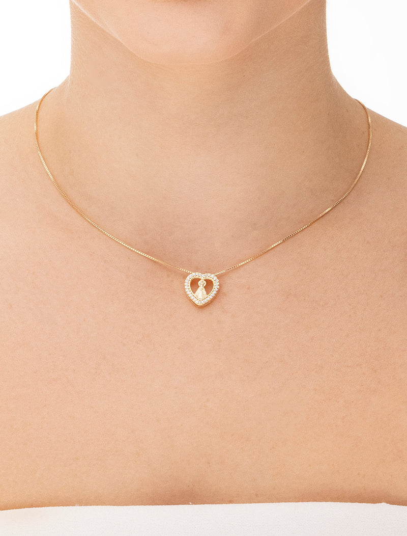 Colar Coração Nossa Senhora Cravejado Banho Ouro 18K Zircônia