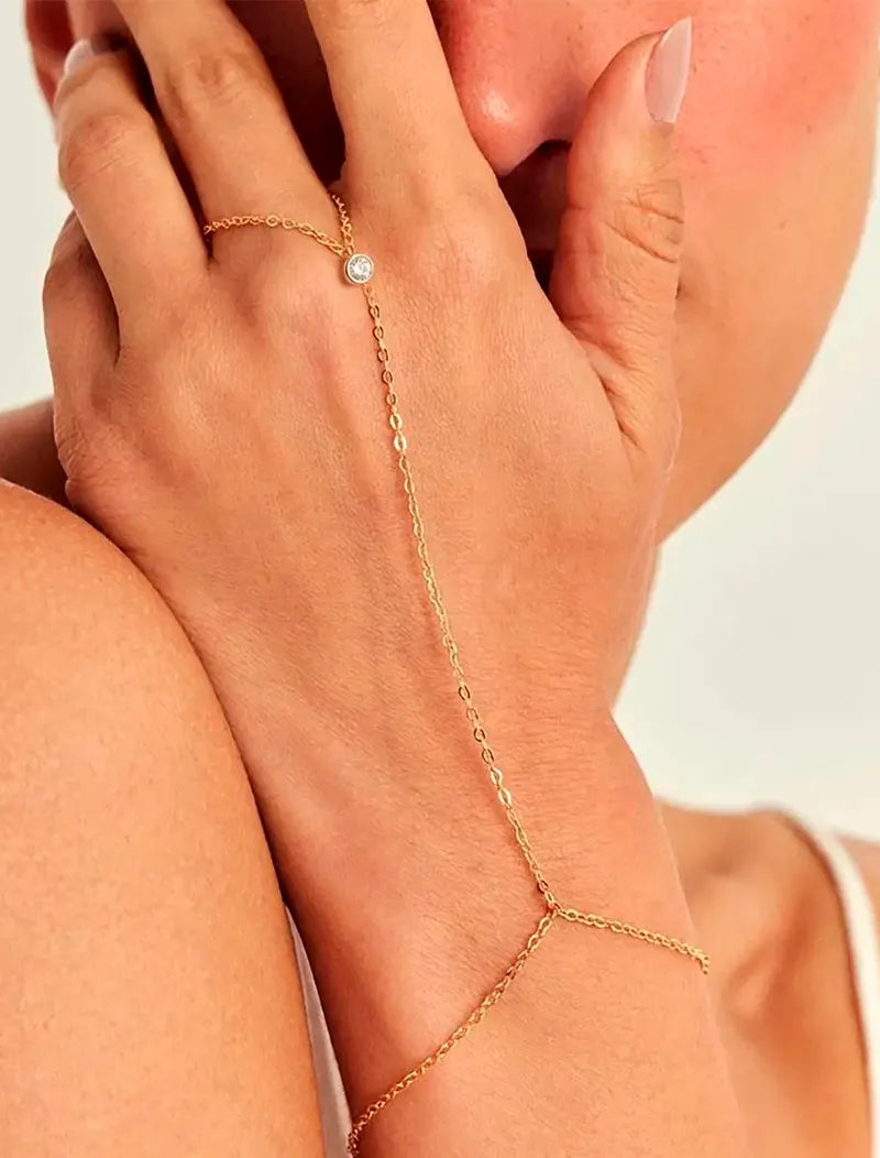 Pulseira de Mão Banho Ouro 18k Cristal