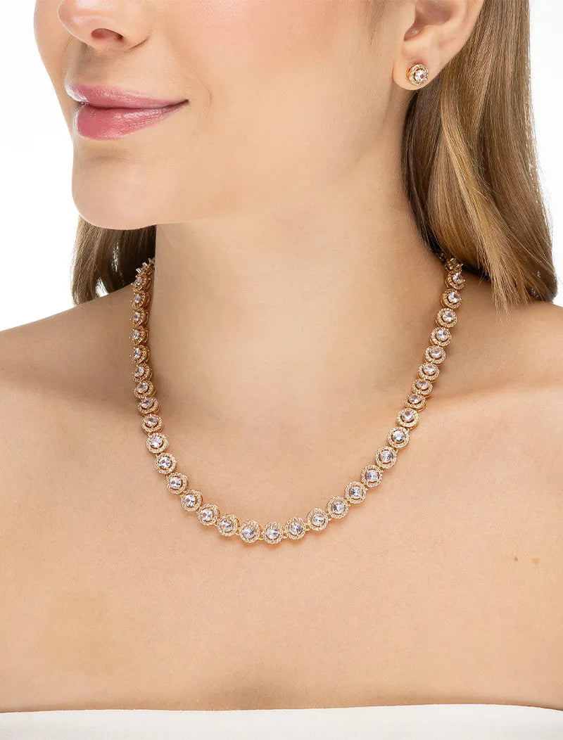 Conjunto Cravejado Redondo Banho Dourado Zircônia