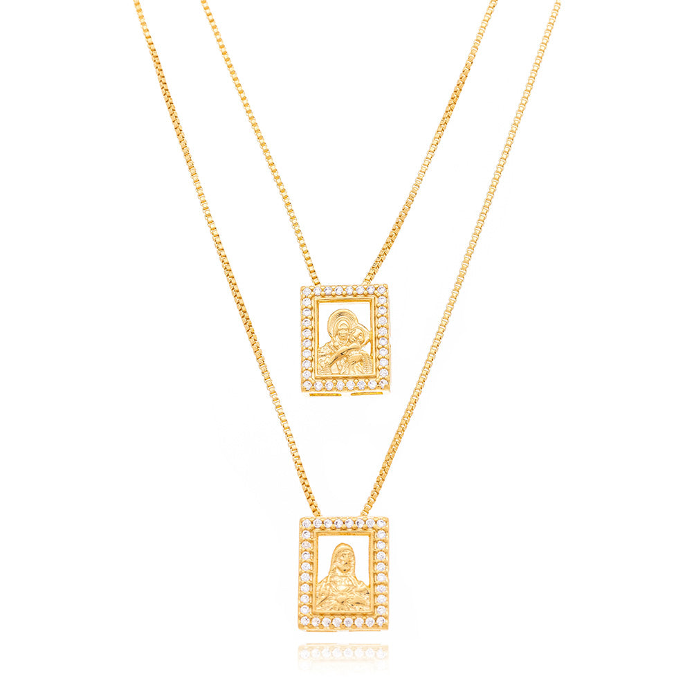 Colar Escapulário Quadrado Banho Ouro 18K Zircônia