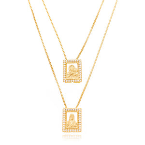 Colar Escapulário Quadrado Banho Ouro 18K Zircônia