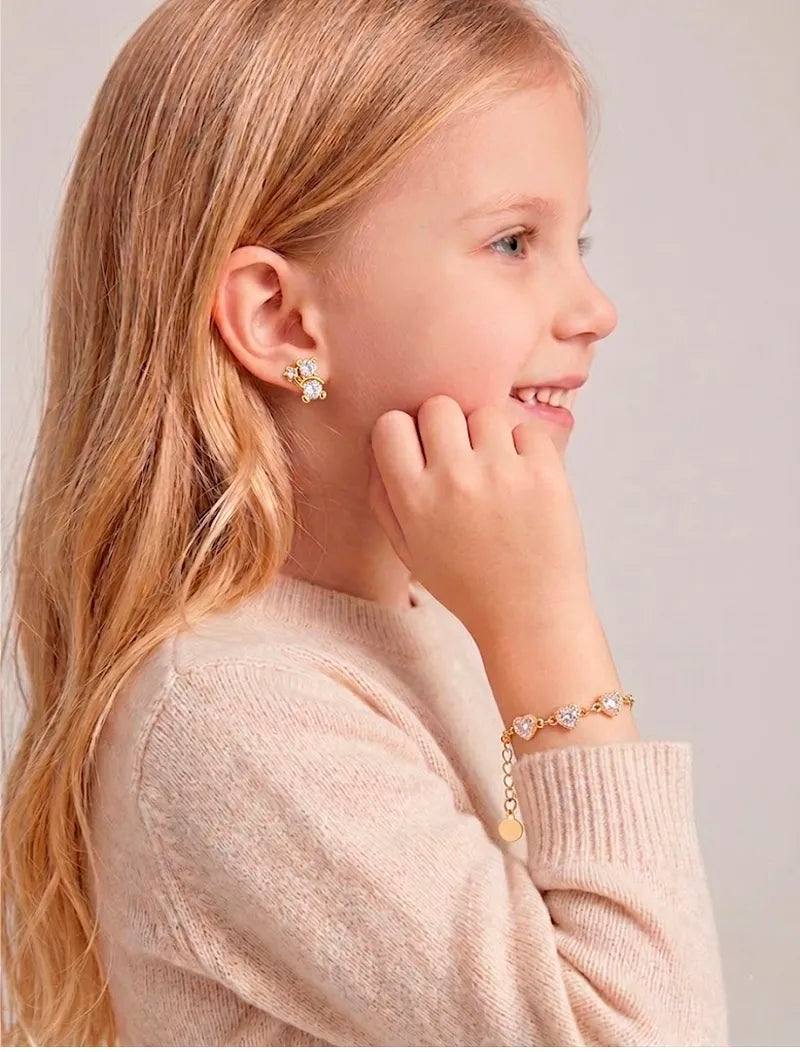 Brinco Infantil Urso Banho Ouro 18K Zircônia