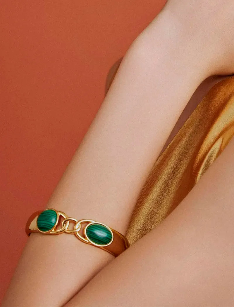 Pulseira Bracelete Duas Pedras Banho Ouro 18k Malaquita