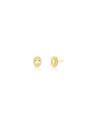 Brinco Oval Cravejado Banho Ouro 18K Zircônia