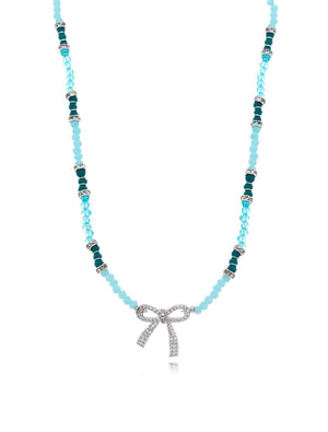 Colar Teen Aqua  Pingente Laço Cravejado Banho Ródio Cristal e Zircônia
