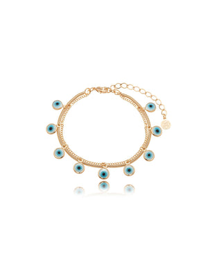 Pulseira Pingentes Olho Grego Malha Lisa Banho Ouro 18K