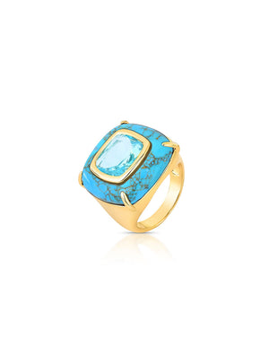 Anel Cristal Quadrado Turquesa Banho Ouro 18k