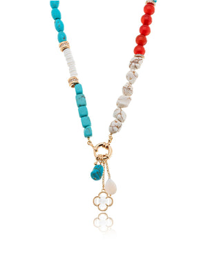 Colar Selene Pedras Pingente Trevo Banho Ouro 18k Howlita Turquesa e Agatha