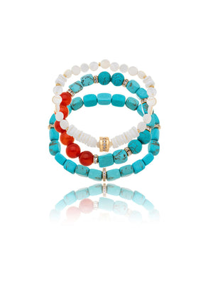 Pulseira Selene Três Voltas Pedras Banho Ouro 18k Howlita Turquesa e Agatha