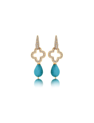 Brinco Masha Trevo Vazado Cravejado Gota Banho Ouro 18K Howlita Zircônia