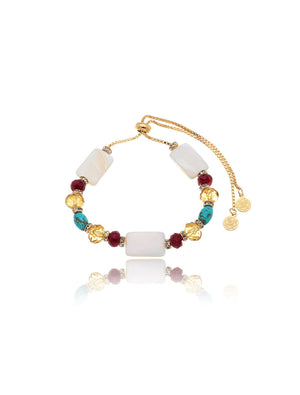 Pulseira Selene Ajustável Retângulo Banho Ouro 18K Ágata Cristal Howlita