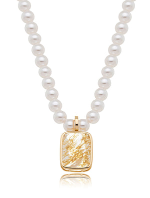 Colar Pingente Quadrado Pedra Volta Pérola Banho Ouro 18k Pérola Shell e Rutilo