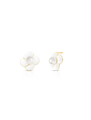 Brinco Flor Lisa Esmaltada Pérola Banho Ouro 18K Pérola Shell