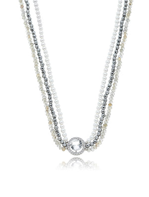Colar Choker Luna 3 Fileiras Círculos Cravejado Banho Ródio Hematita Peróla Shell