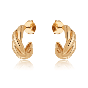 Brinco Meia Argola Pequena Trançada Lisa Banho Ouro 18K