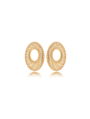 Brinco Oval Texturizado Vazado Banho Ouro 18K