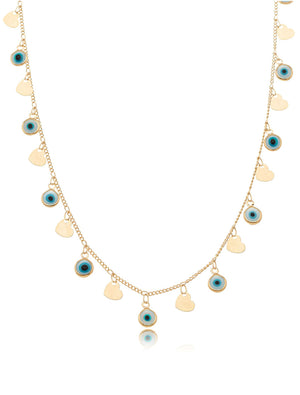 Colar Teen Choker Pingentes Corações Olhos Gregos Banho Ouro 18K