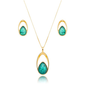 Conjunto Fixo Oval Vazado Gota Banho Ouro 18K Esmeralda