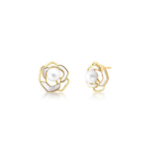Brinco Fixo Flor Pétalas Banho Ouro 18K Pérola Shell