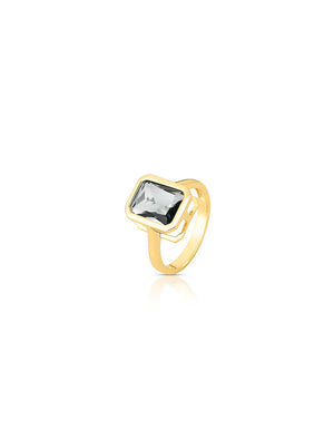 Anel Retângulo Pedra Banho Ouro 18K Cristal Fumê
