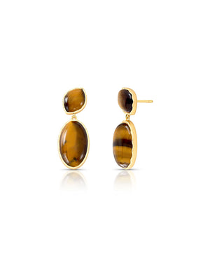 Brinco Oval Navete Abaulado Banho Ouro 18K Olho de Tigre