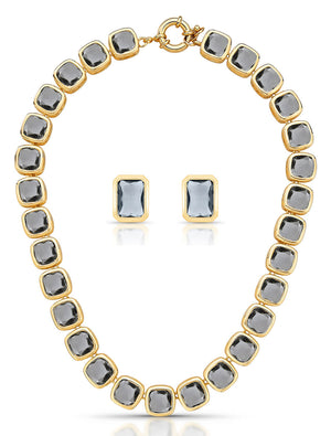 Conjunto Quadrado Fumê Banho Ouro 18K Cristal