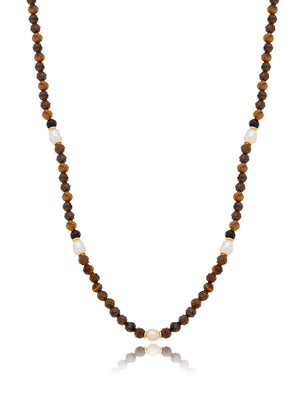 Colar Choker Delicada Banho Ouro 18k Olho de Tigre e Pérola