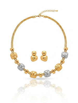 Conjunto Quadrados Amassados Liso Banho Ouro 18K e Ródio