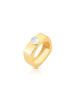 Anel Liso Quadrado Meio Pérola Banho Ouro 18K Pérola Shell