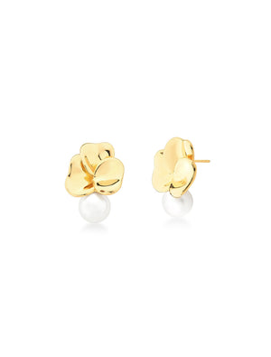 Brinco Base Flor Lisa Banho Ouro 18K Pérola Shell