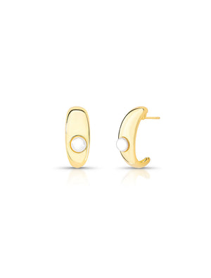 Brinco Meia Argola Oval Banho Ouro 18K Pérola Shell