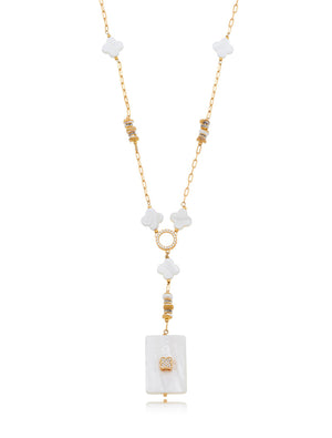Colar Gravata Cartier Pingentes Trevos Banho Ouro 18K Madrepérola Zircônia