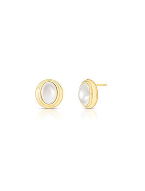 Brinco Fixo Oval Lateral Lisa Banho Ouro 18K Pérola Shell
