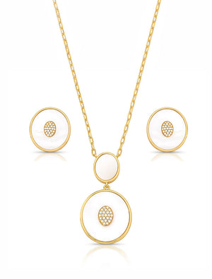 Conjunto Oval Meio Cravejado Pedra Banho Ouro 18K Madrepérola