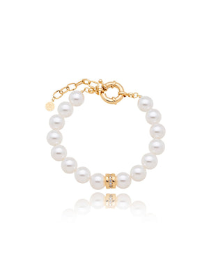 Pulseira Detalhe Cravejado Banho Ouro 18K Pérola Shell Zircônia