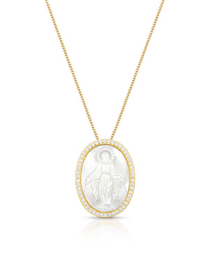 Colar Medalha Nossa Senhora das Graças com Volta Cravejada Banho Ouro 18k Madrepérola