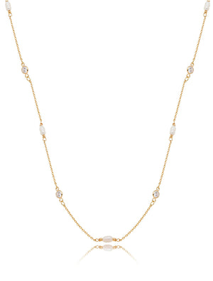 Colar Longo Pontos de Luz Pérola Água Doce Banho Ouro 18k