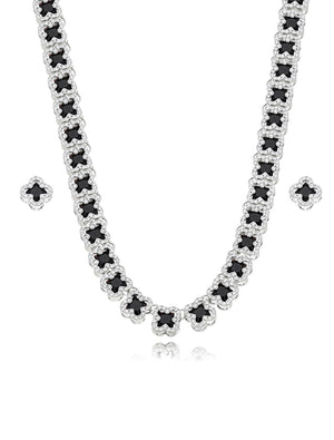 Conjunto Completo Trevos Cravejados Banho Prateado Zircônia