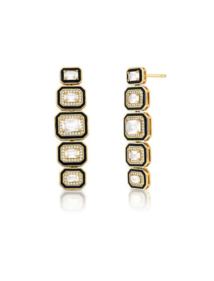 Brinco Longo Cristais Retangulares Esmaltados Zircônia Banho Ouro 18k