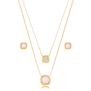 Conjunto Quadrado Duplo Cravejado Banho Ouro 18K Zircônia