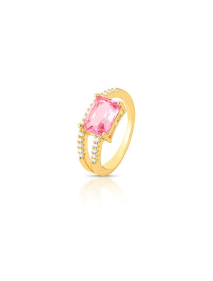Anel Retangulo Cravejado Banho Ouro 18k Cristal