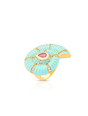 Anel Concha Esmaltada Cravejada Banho Ouro 18K Zircônia