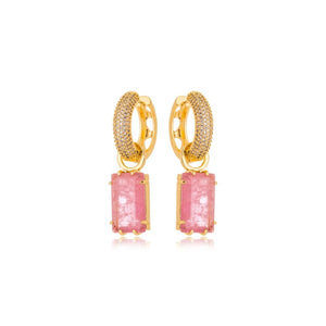 Brinco 2 em 1 Argola Cravejada Pingente Retangular Bnho Ouro 18k Cristal Fúsion