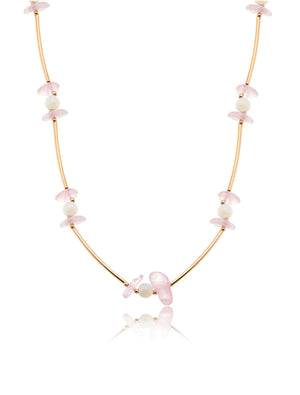 Colar Amoré Choker Canutilhos Banho Ouro 18k Quartzo Rosa