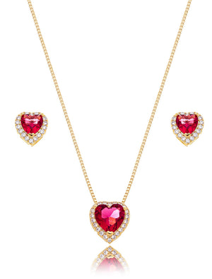 Conjunto Coração Cravejado Banho Ouro 18k Zircônia